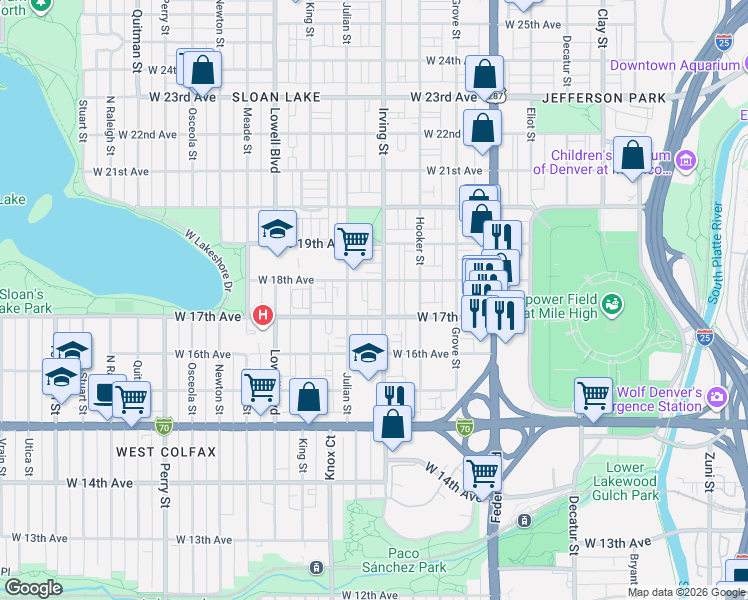 map of restaurants, bars, coffee shops, grocery stores, and more near 1707 Irving Street in Denver