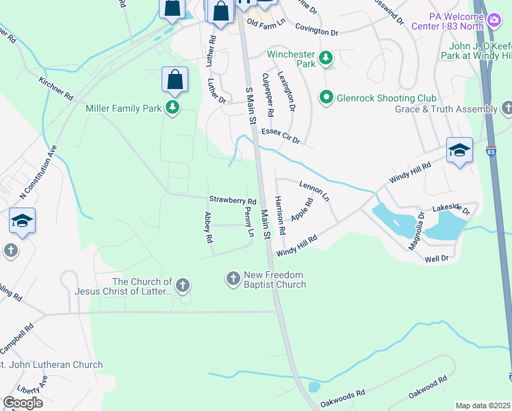 map of restaurants, bars, coffee shops, grocery stores, and more near 1 Strawberry Road in New Freedom