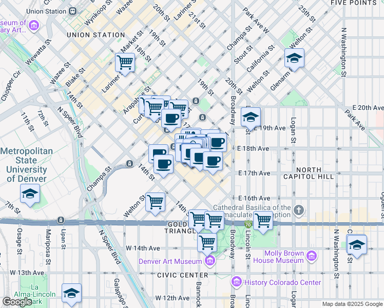 map of restaurants, bars, coffee shops, grocery stores, and more near 1614 Welton Street in Denver