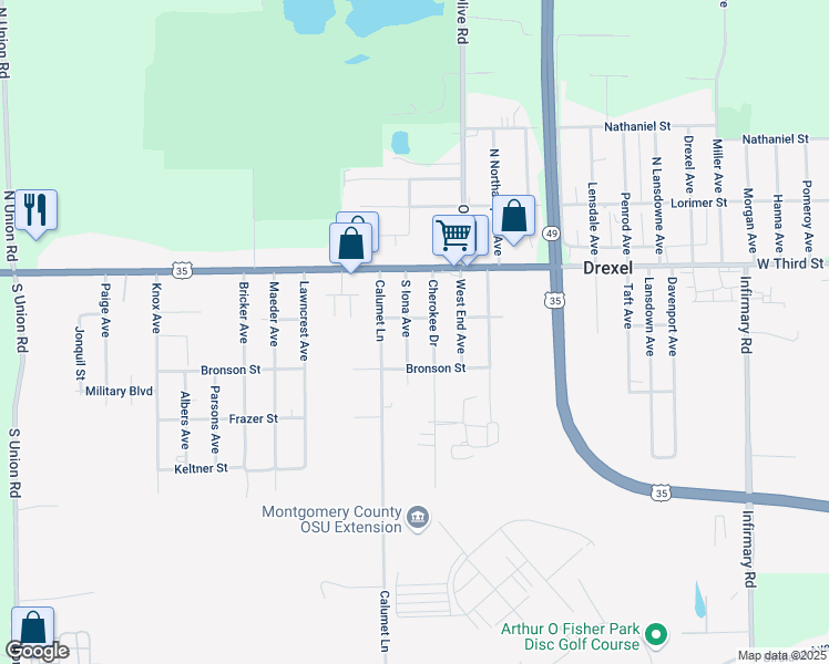 map of restaurants, bars, coffee shops, grocery stores, and more near 116 South Iona Avenue in Dayton