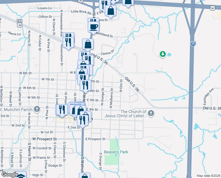 map of restaurants, bars, coffee shops, grocery stores, and more near 608 East 6th Street in Cameron
