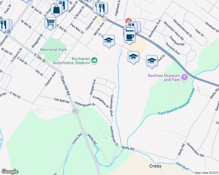 map of restaurants, bars, coffee shops, grocery stores, and more near Bartholomew Drive in Waynesboro