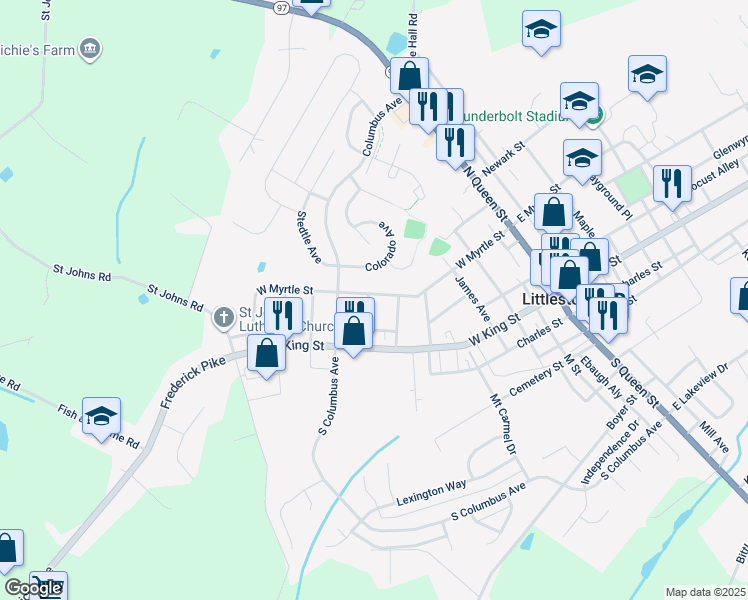 map of restaurants, bars, coffee shops, grocery stores, and more near 350 West Myrtle Street in Littlestown