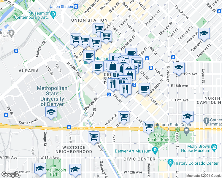 map of restaurants, bars, coffee shops, grocery stores, and more near 1325 Stout St in Denver