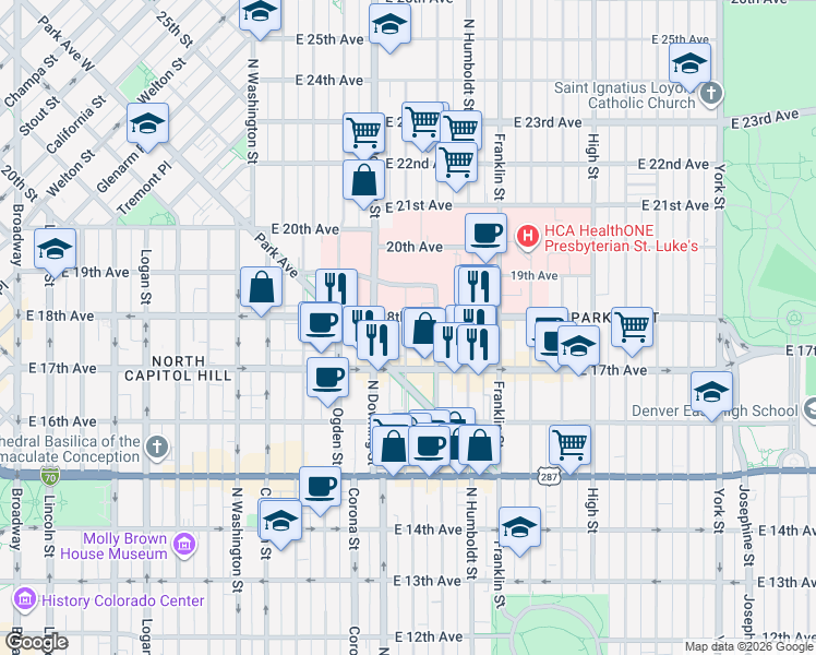 map of restaurants, bars, coffee shops, grocery stores, and more near 1727 North Lafayette Street in Denver