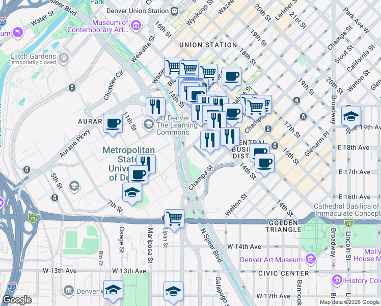 map of restaurants, bars, coffee shops, grocery stores, and more near 13th Street in Denver