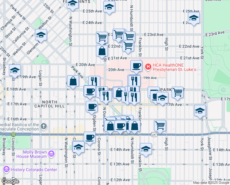 map of restaurants, bars, coffee shops, grocery stores, and more near 1780 Marion St in Denver