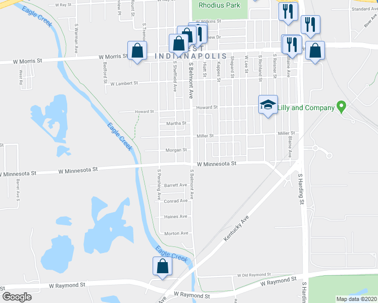 map of restaurants, bars, coffee shops, grocery stores, and more near 2116 West Minnesota Street in Indianapolis