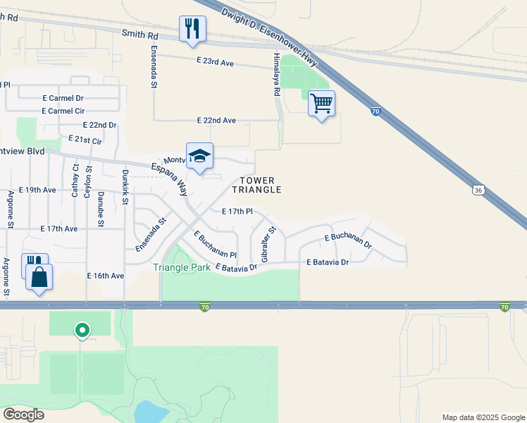 map of restaurants, bars, coffee shops, grocery stores, and more near 19791 East 17th Place in Aurora