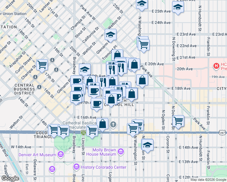 map of restaurants, bars, coffee shops, grocery stores, and more near 1799 Pennsylvania Street in Denver