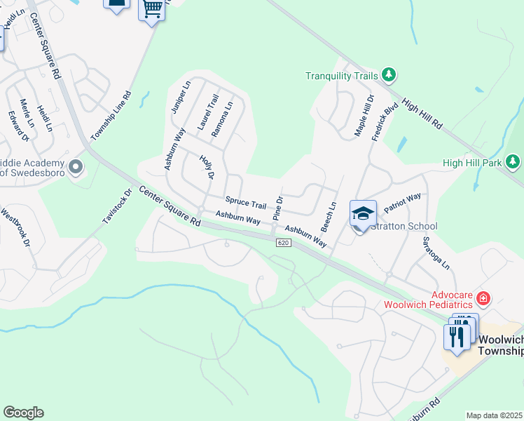 map of restaurants, bars, coffee shops, grocery stores, and more near 174 Spruce Trail in Woolwich Township