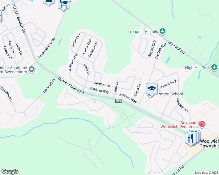 map of restaurants, bars, coffee shops, grocery stores, and more near 174 Spruce Trail in Woolwich Township
