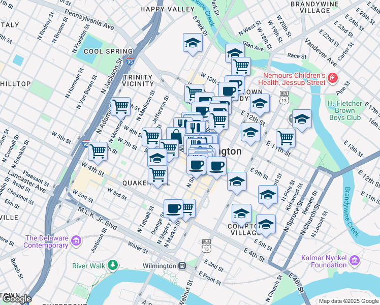 map of restaurants, bars, coffee shops, grocery stores, and more near 225 West 8th Street in Wilmington