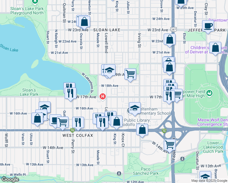 map of restaurants, bars, coffee shops, grocery stores, and more near 1717 King Street in Denver