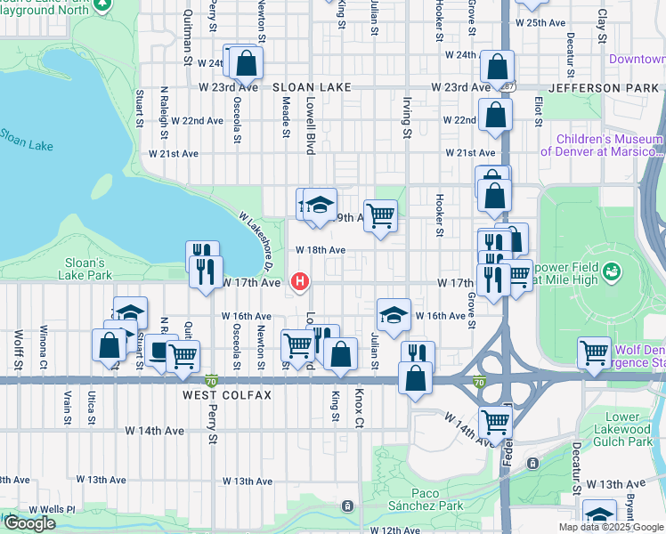 map of restaurants, bars, coffee shops, grocery stores, and more near 1733 King Street in Denver