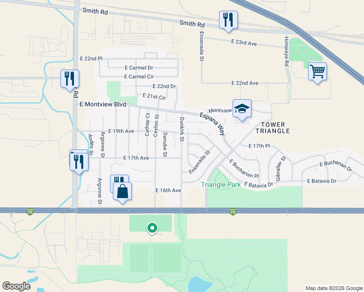 map of restaurants, bars, coffee shops, grocery stores, and more near Dunkirk St in Aurora