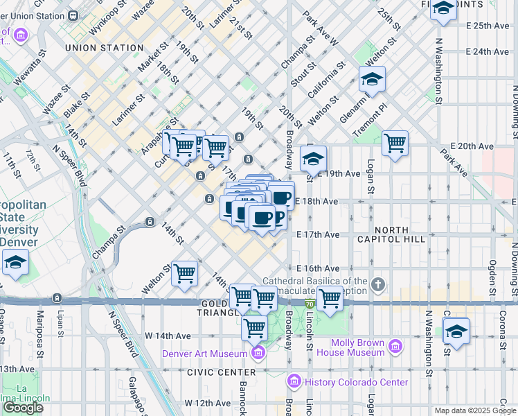 map of restaurants, bars, coffee shops, grocery stores, and more near 444 17th Street in Denver