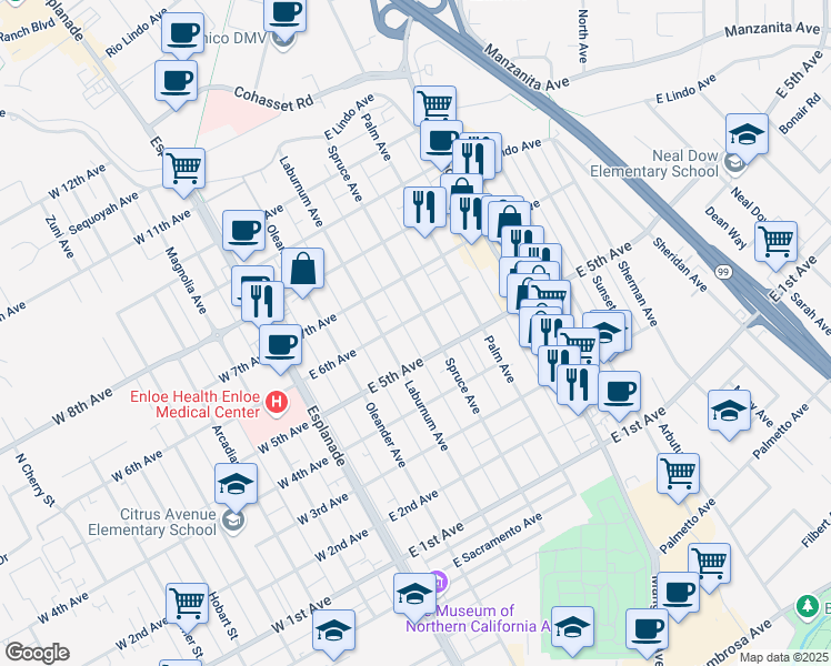 map of restaurants, bars, coffee shops, grocery stores, and more near 2 Spruce Avenue in Chico