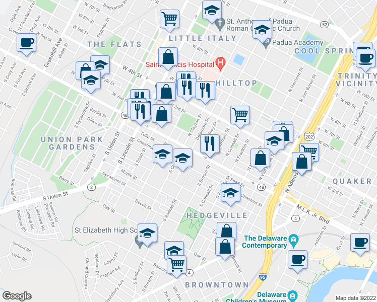 map of restaurants, bars, coffee shops, grocery stores, and more near 1506 Lancaster Avenue in Wilmington