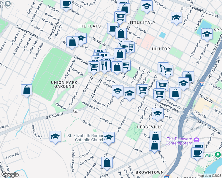 map of restaurants, bars, coffee shops, grocery stores, and more near 1706 Elm Street in Wilmington