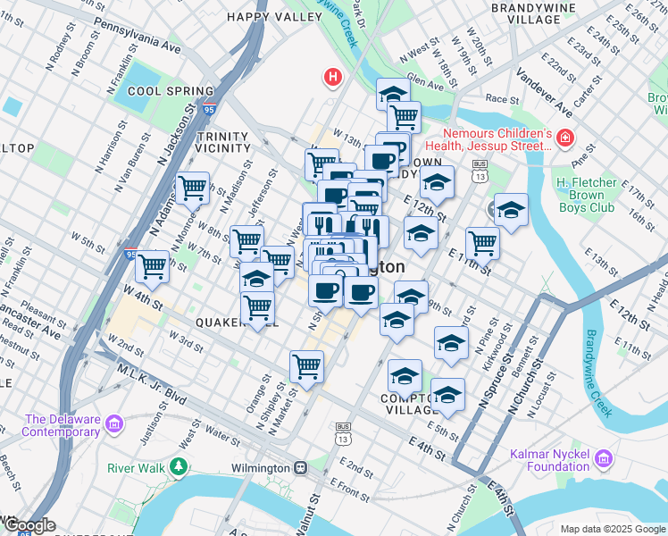 map of restaurants, bars, coffee shops, grocery stores, and more near 116 West 9th Street in Wilmington