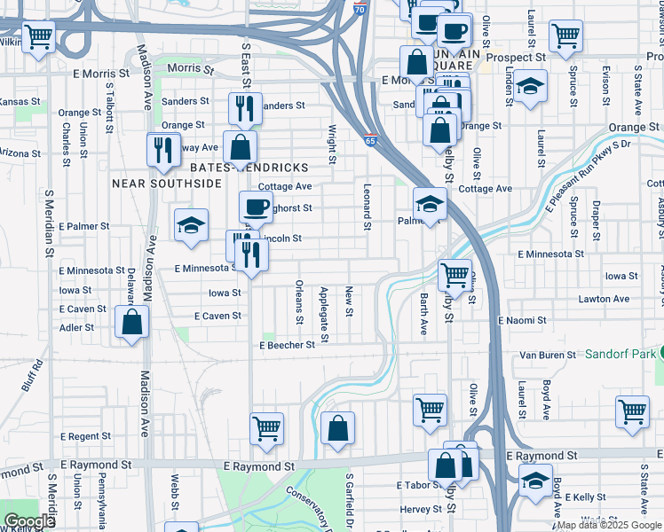 map of restaurants, bars, coffee shops, grocery stores, and more near 811 East Minnesota Street in Indianapolis