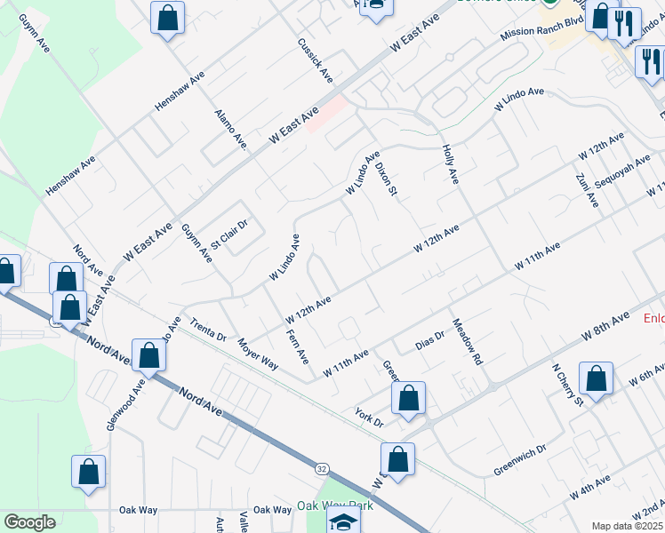map of restaurants, bars, coffee shops, grocery stores, and more near 2354 Tiffany Way in Chico
