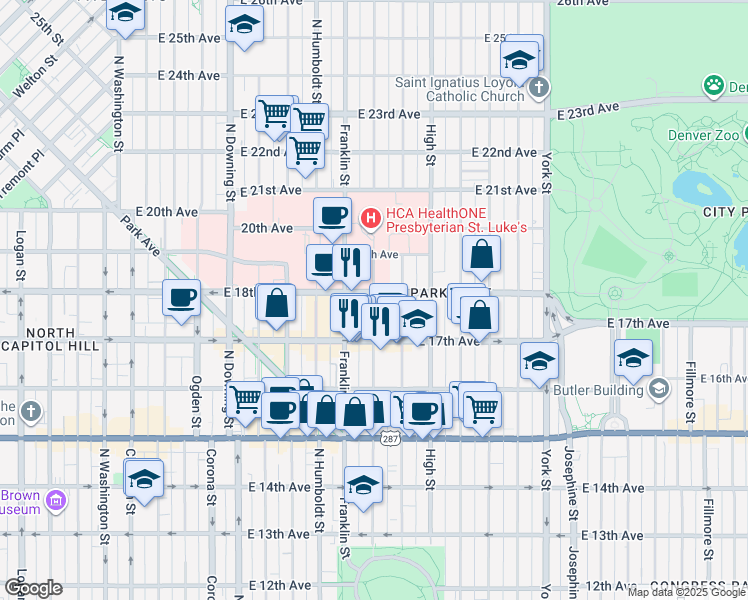 map of restaurants, bars, coffee shops, grocery stores, and more near 1732 Gilpin Street in Denver