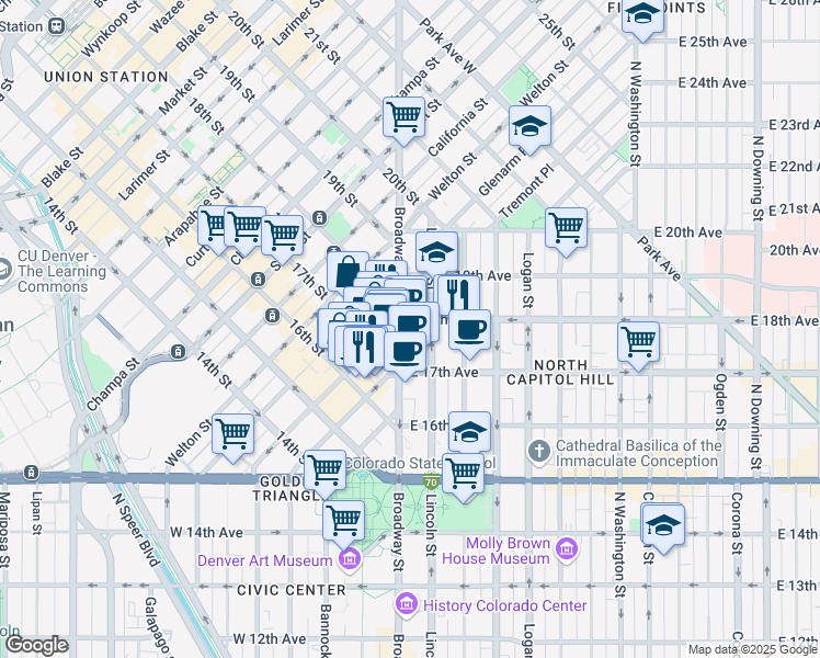 map of restaurants, bars, coffee shops, grocery stores, and more near in Denver