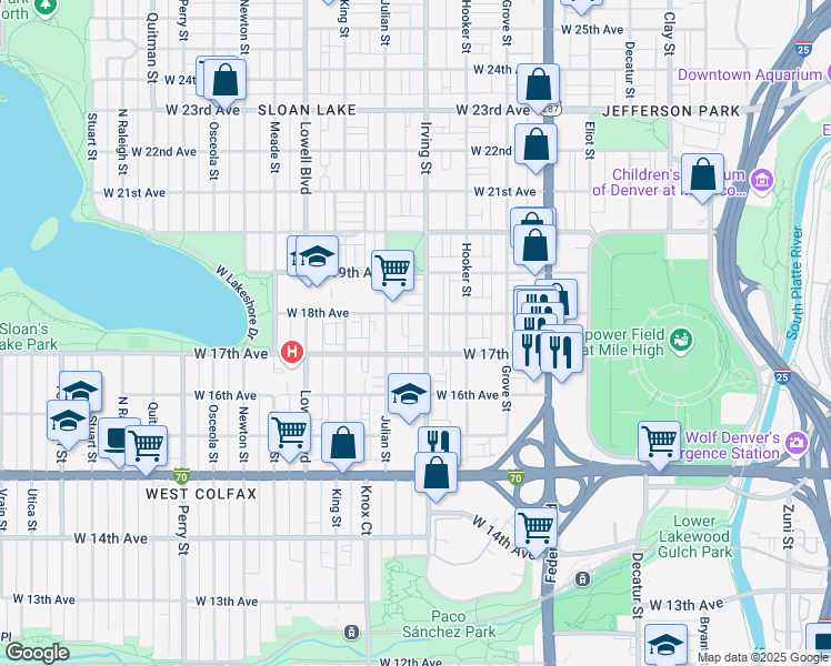map of restaurants, bars, coffee shops, grocery stores, and more near 1707 Irving Street in Denver