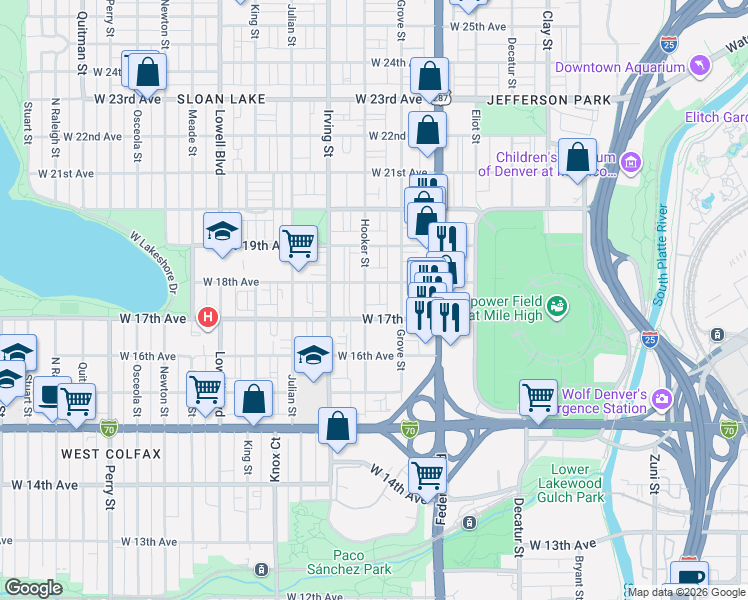 map of restaurants, bars, coffee shops, grocery stores, and more near 3211 West 17th Avenue in Denver