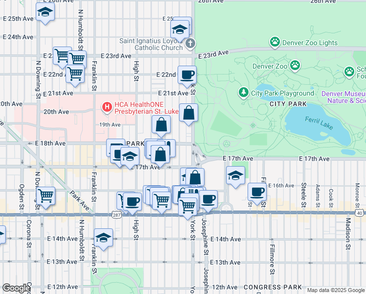 map of restaurants, bars, coffee shops, grocery stores, and more near 1733 North Gaylord Street in Denver