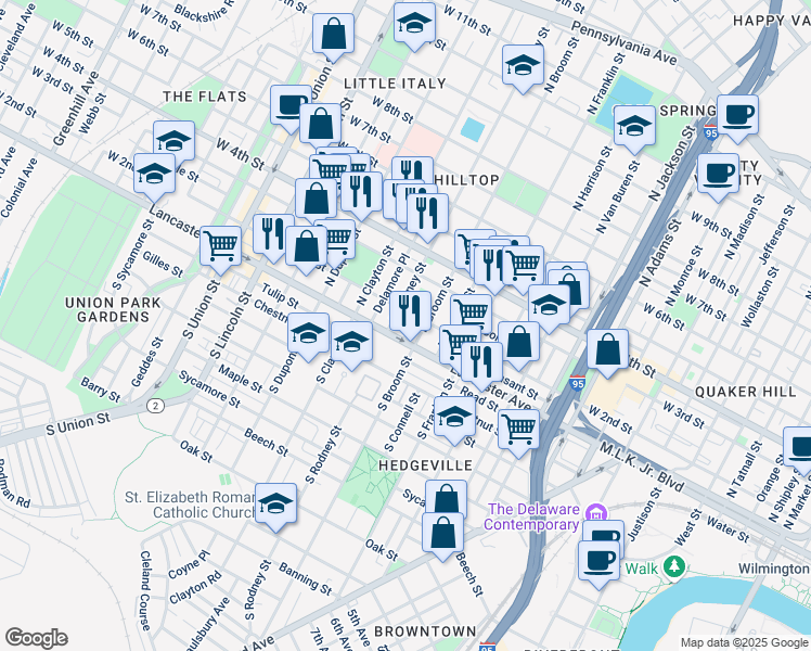 map of restaurants, bars, coffee shops, grocery stores, and more near 113 Fulton Street in Wilmington