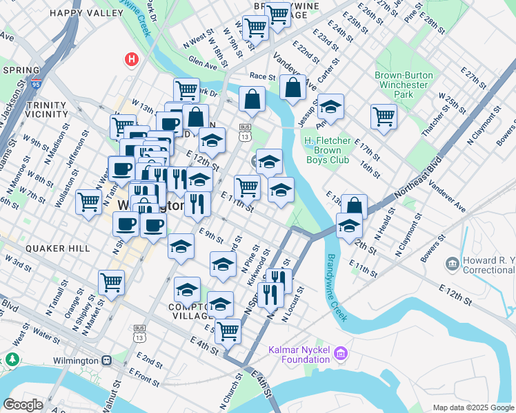 map of restaurants, bars, coffee shops, grocery stores, and more near 518 East 11th Street in Wilmington