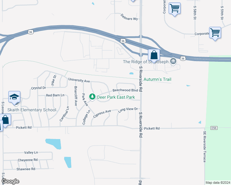 map of restaurants, bars, coffee shops, grocery stores, and more near 5416 Beechwood Boulevard in St. Joseph