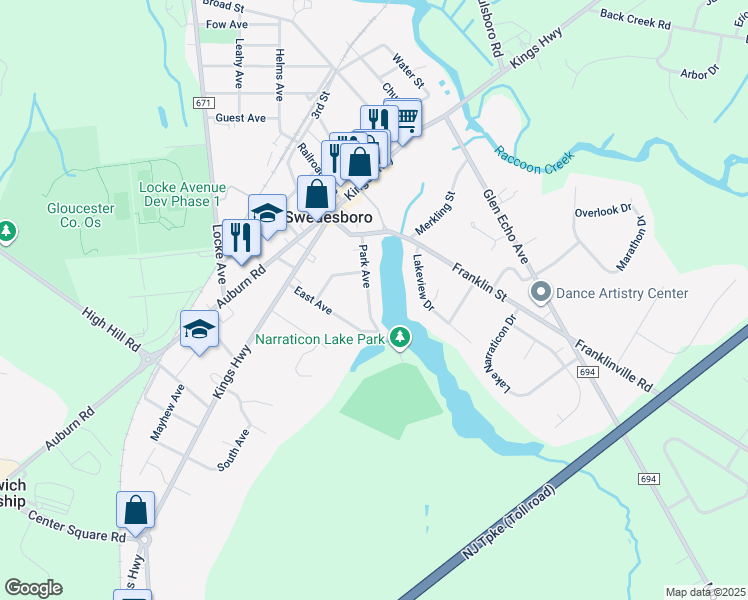map of restaurants, bars, coffee shops, grocery stores, and more near 550 Park Avenue in Swedesboro