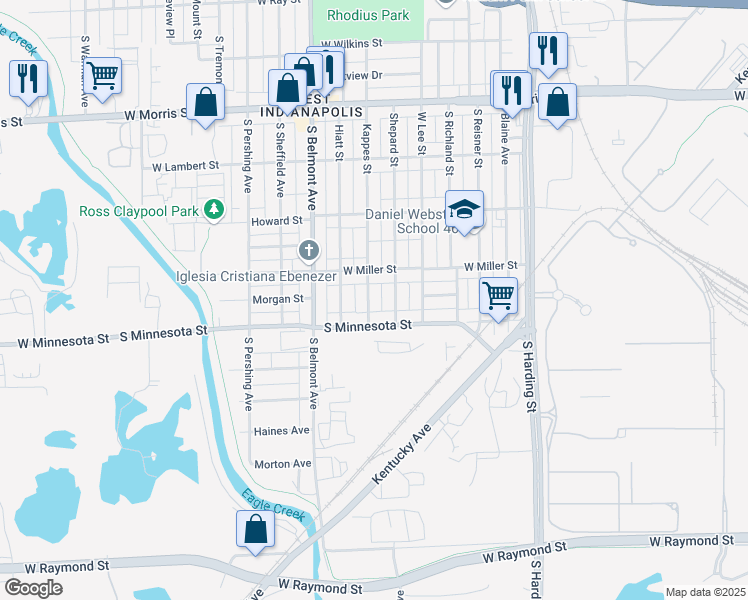 map of restaurants, bars, coffee shops, grocery stores, and more near 1529 Kappes Street in Indianapolis