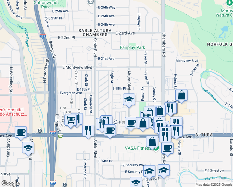 map of restaurants, bars, coffee shops, grocery stores, and more near 1738 Eagle Circle in Aurora