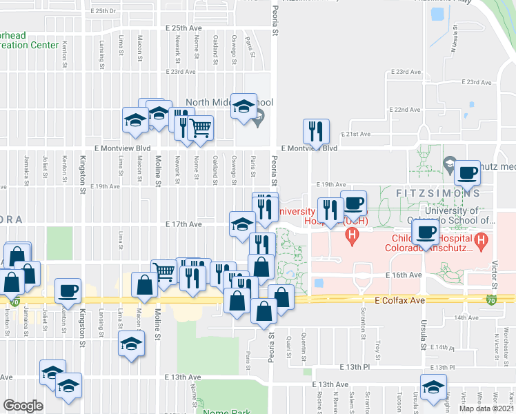 map of restaurants, bars, coffee shops, grocery stores, and more near 1709 Paris Street in Aurora