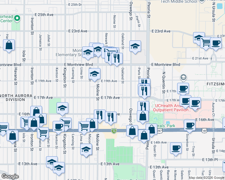 map of restaurants, bars, coffee shops, grocery stores, and more near 1700 Nome Street in Aurora