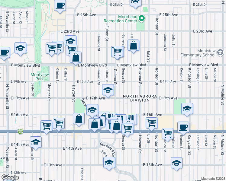 map of restaurants, bars, coffee shops, grocery stores, and more near 1711 Galena Street in Aurora