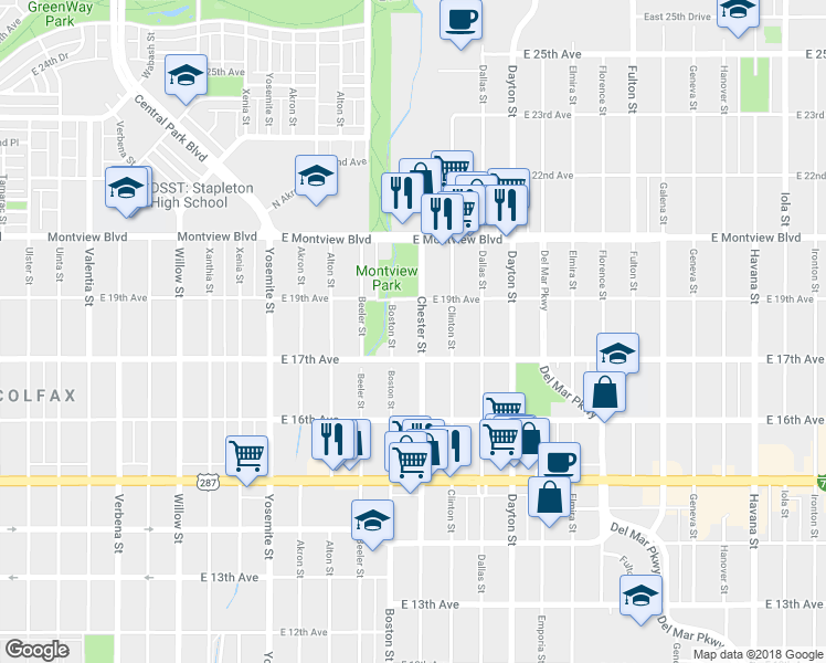 map of restaurants, bars, coffee shops, grocery stores, and more near in Aurora