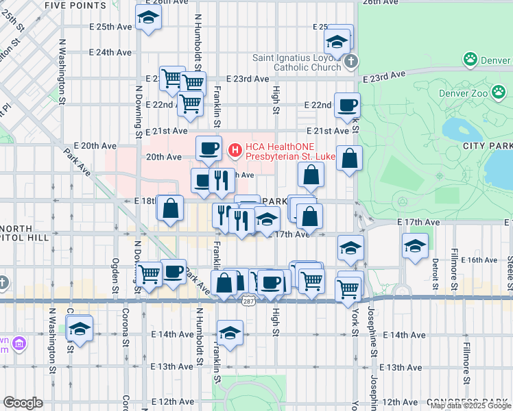 map of restaurants, bars, coffee shops, grocery stores, and more near 1740 North Williams Street in Denver