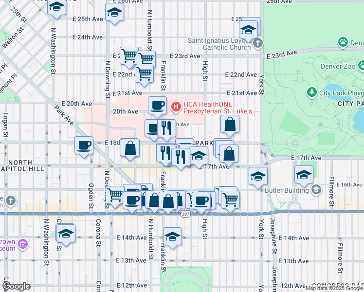 map of restaurants, bars, coffee shops, grocery stores, and more near 1732 Gilpin Street in Denver