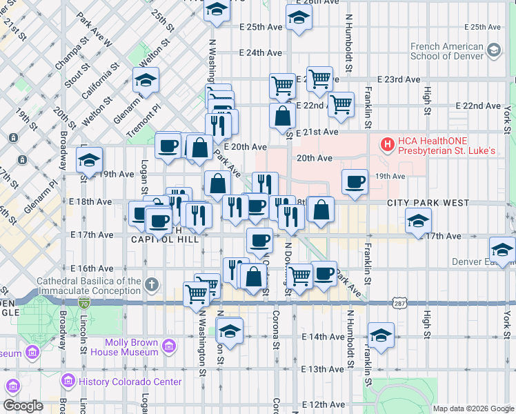 map of restaurants, bars, coffee shops, grocery stores, and more near 1728 Emerson Street in Denver