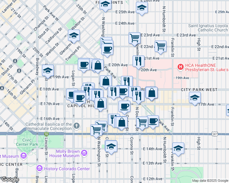 map of restaurants, bars, coffee shops, grocery stores, and more near 1728 Emerson Street in Denver