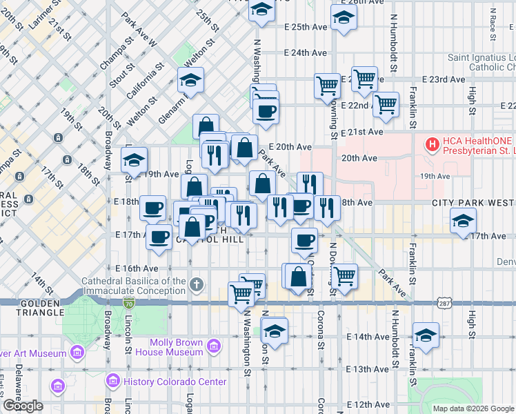 map of restaurants, bars, coffee shops, grocery stores, and more near 1732 North Clarkson street in Denver