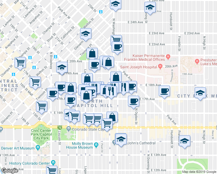 map of restaurants, bars, coffee shops, grocery stores, and more near 1747 North Washington Street in Denver