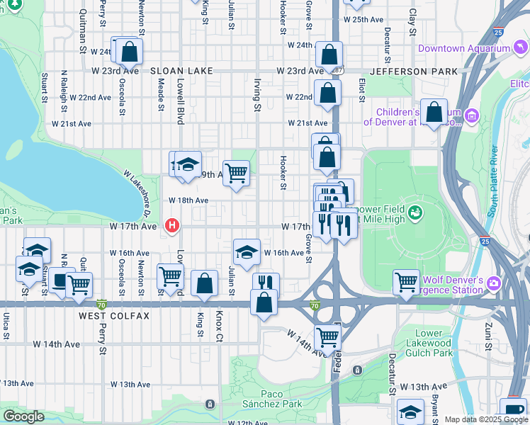 map of restaurants, bars, coffee shops, grocery stores, and more near 1707 Irving Street in Denver