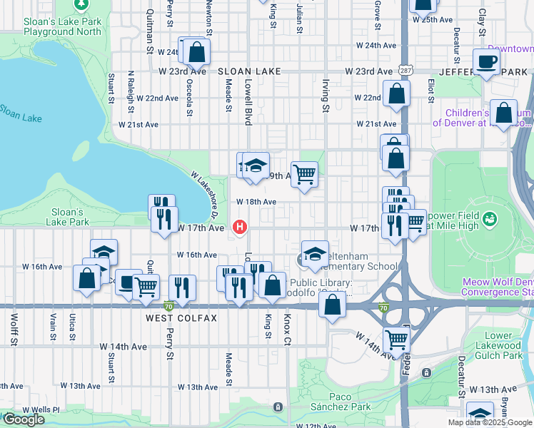 map of restaurants, bars, coffee shops, grocery stores, and more near in Denver